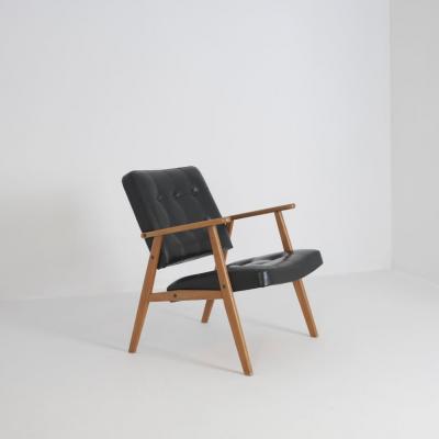 Scandinavian Mid Century Modern Armchair in Oak and Black Faux Leather 1960s