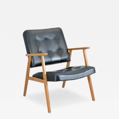 Scandinavian Mid Century Modern Armchair in Oak and Black Faux Leather 1960s