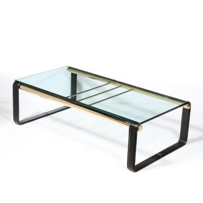 Scandinavian Mid Century Modern Brass Black Leather Glass Cocktail Table