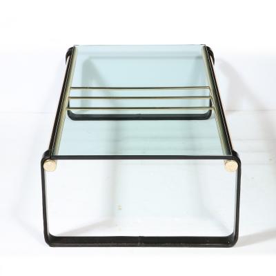 Scandinavian Mid Century Modern Brass Black Leather Glass Cocktail Table