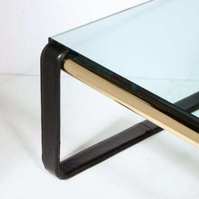 Scandinavian Mid Century Modern Brass Black Leather Glass Cocktail Table