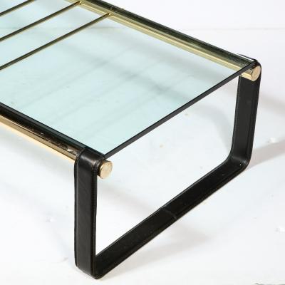 Scandinavian Mid Century Modern Brass Black Leather Glass Cocktail Table