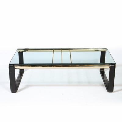 Scandinavian Mid Century Modern Brass Black Leather Glass Cocktail Table