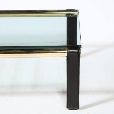 Scandinavian Mid Century Modern Brass Black Leather Glass Cocktail Table