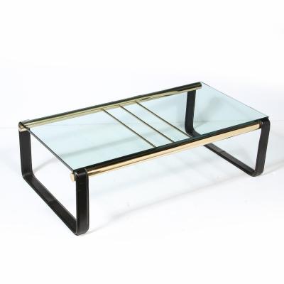 Scandinavian Mid Century Modern Brass Black Leather Glass Cocktail Table