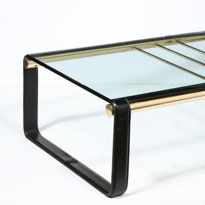 Scandinavian Mid Century Modern Brass Black Leather Glass Cocktail Table