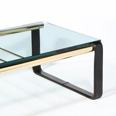 Scandinavian Mid Century Modern Brass Black Leather Glass Cocktail Table