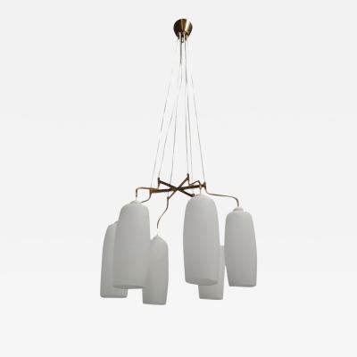 Scandinavian Mid Century Modern Ceiling Pendant in Brass and Opaline Glass