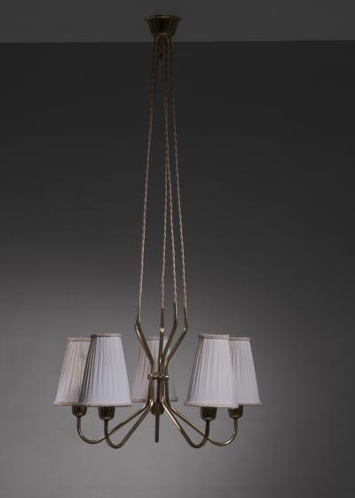 Scandinavian Modern 5 armed brass chandelier