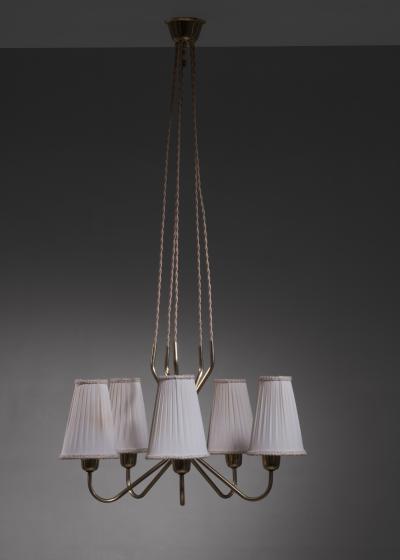Scandinavian Modern 5 armed brass chandelier