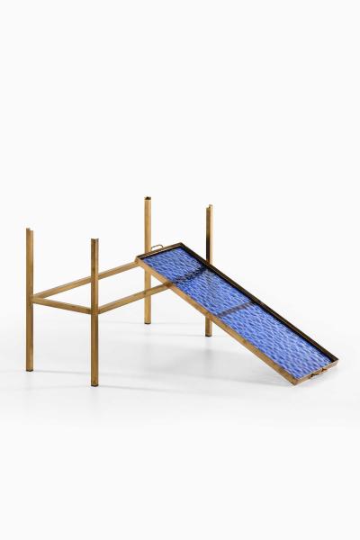 Scandinavian Modern Brass and Glass Side Table in Blue Gold 1950s