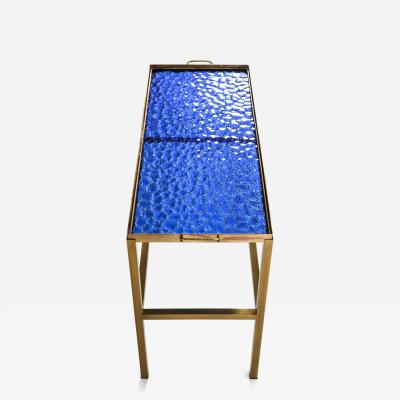 Scandinavian Modern Brass and Glass Side Table in Blue Gold 1950s