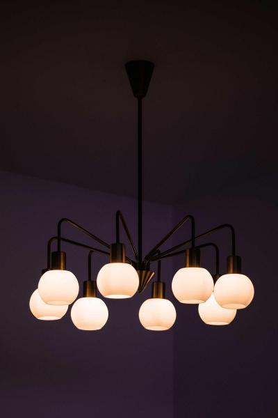 Scandinavian Modern Ceiling Lamp in Brass and Opaline Glass 1950s