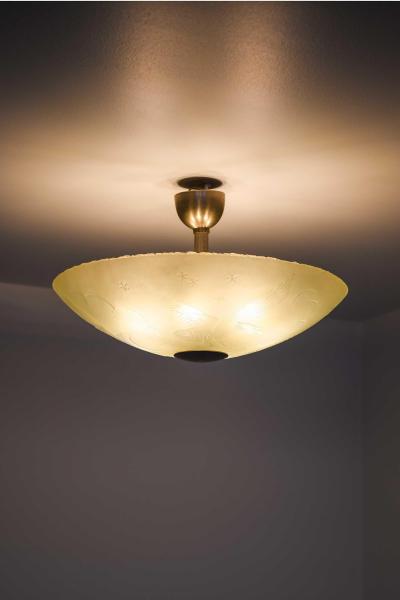 Scandinavian Modern Flush Mount in Glass and Nickel Plated Metal 1940s