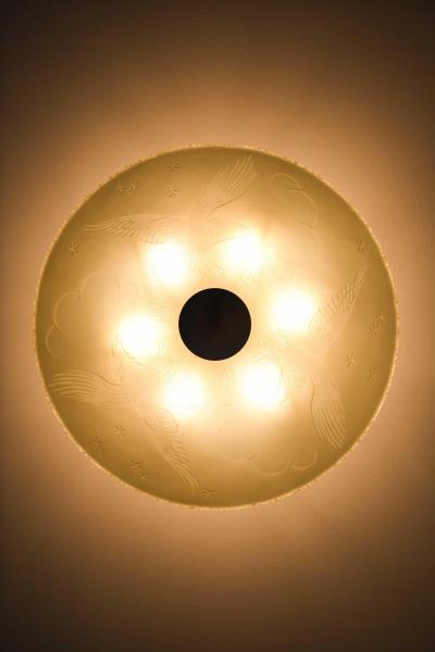 Scandinavian Modern Flush Mount in Glass and Nickel Plated Metal 1940s