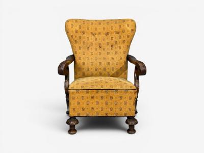 Scandinavian Modern Lounge Chair Carved Wood Fabric Denmark 1960s
