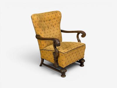 Scandinavian Modern Lounge Chair Carved Wood Fabric Denmark 1960s