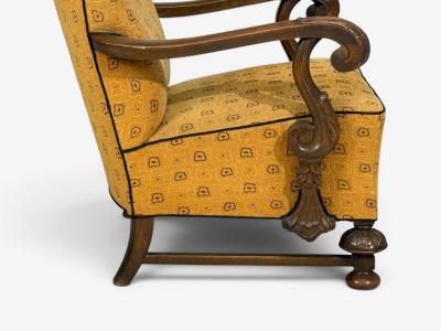 Scandinavian Modern Lounge Chair Carved Wood Fabric Denmark 1960s