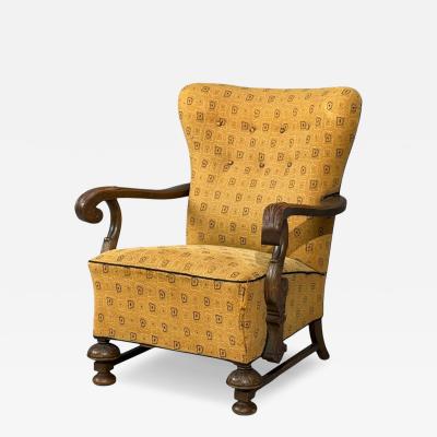 Scandinavian Modern Lounge Chair Carved Wood Fabric Denmark 1960s