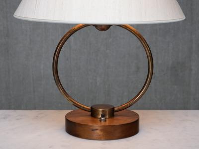 Scandinavian Modern Ring Table Lamp in Brass Walnut and Silk Sweden 1940s