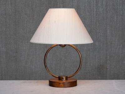 Scandinavian Modern Ring Table Lamp in Brass Walnut and Silk Sweden 1940s