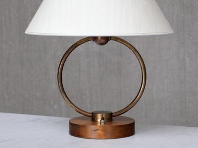 Scandinavian Modern Ring Table Lamp in Brass Walnut and Silk Sweden 1940s