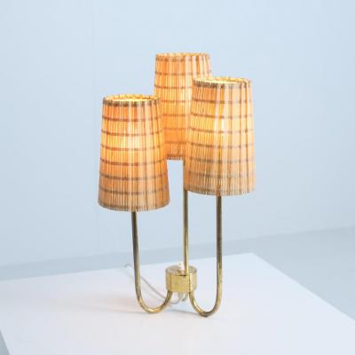 Scandinavian Modern Table Lamp in Brass Glass and Rattan Finland 1950s