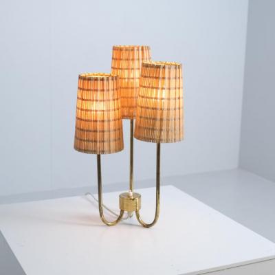Scandinavian Modern Table Lamp in Brass Glass and Rattan Finland 1950s