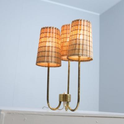 Scandinavian Modern Table Lamp in Brass Glass and Rattan Finland 1950s