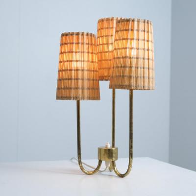 Scandinavian Modern Table Lamp in Brass Glass and Rattan Finland 1950s