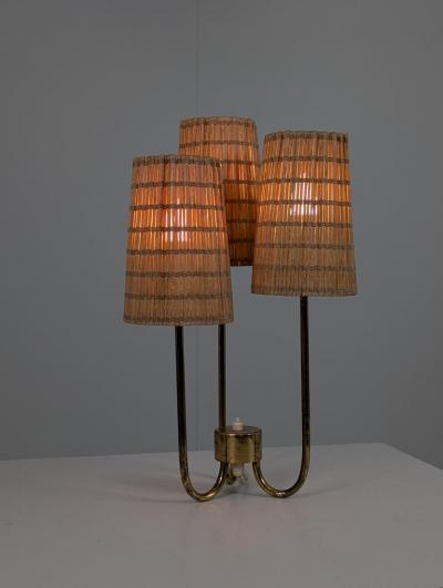 Scandinavian Modern Table Lamp in Brass Glass and Rattan Finland 1950s