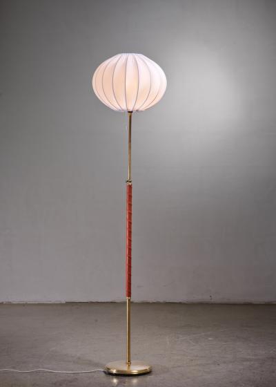 Scandinavian Modern brass and leather height adjustable floor lamp