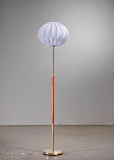 Scandinavian Modern brass and leather height adjustable floor lamp