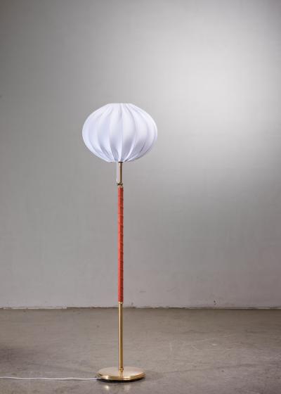Scandinavian Modern brass and leather height adjustable floor lamp