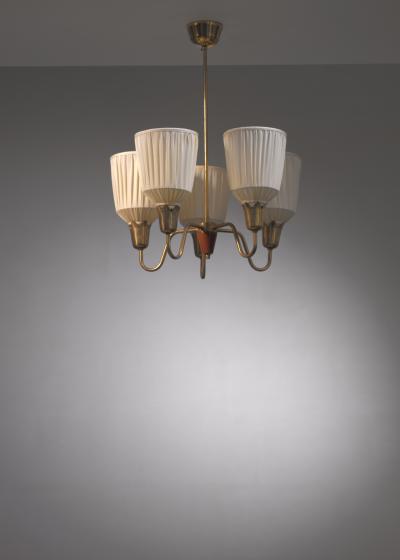 Scandinavian Modern brass and teak chandelier