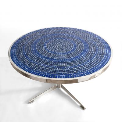 Scandinavian Modern dining table blue mosaic top structure in polished steel