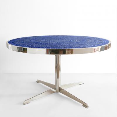 Scandinavian Modern dining table blue mosaic top structure in polished steel