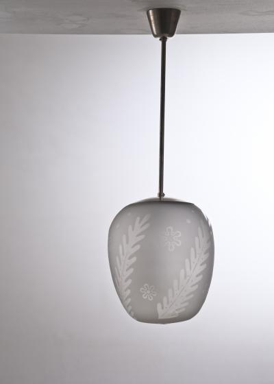 Scandinavian Modern frozen glass pendant with botanic motif