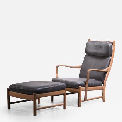 Scandinavian Oak and Brown Leather Lounger with Ottoman