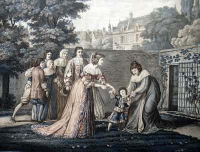 Scene of Duchess of La Valliere and Louis XIV Antique French Colored Engraving