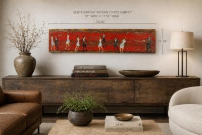 Scott Griffin Return to Red Carpet Canadian Folk Art Painting on Salvaged Wood