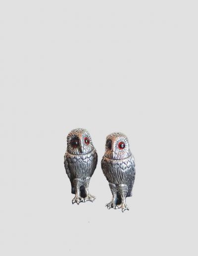 Scottish Sterling Silver Owl Formed Salt Pepper Shakers c1950s