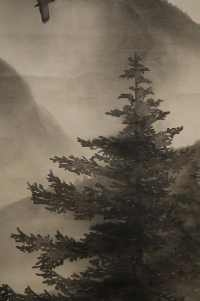 Scroll Soaring Birds in Mountain Landscape