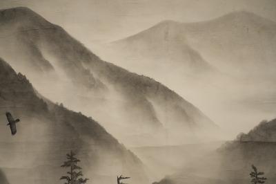 Scroll Soaring Birds in Mountain Landscape