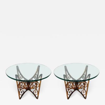 Scrolled Hollywood Regency Gold Gilt Italian Iron and Glass End or Side Tables
