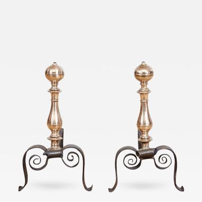 Scrolled Iron and Brass Andirons