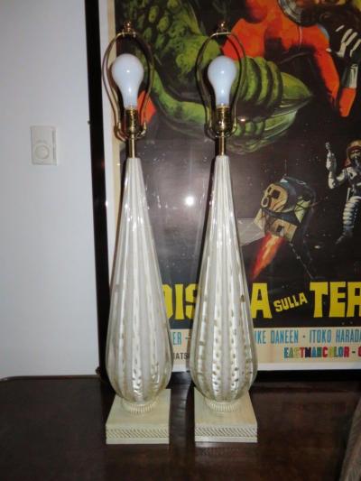 Scrumptious Pair of XL Italian Murano Gold Fleck Bubble Lamps Hollywood Regency