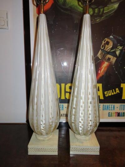 Scrumptious Pair of XL Italian Murano Gold Fleck Bubble Lamps Hollywood Regency