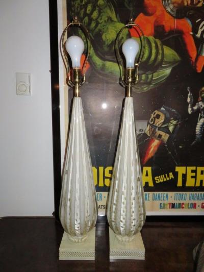 Scrumptious Pair of XL Italian Murano Gold Fleck Bubble Lamps Hollywood Regency