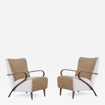 Sculpted Cherry Wood and Teddy Wool Lounge Chairs Italy C 1950s